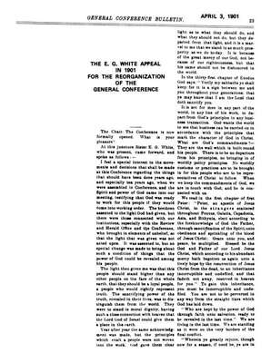 The E G White appeal in 1901 for the reorganization of the General Conference