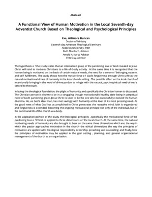 A Functional View of Human Motivation in the Local Seventh-day Adventist Church Based on Theological and Psychological Principles
