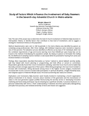 Study of Factors Which Influence the Involvement of Baby Boomers in the Seventh-day Adventist Church in Metro-atlanta